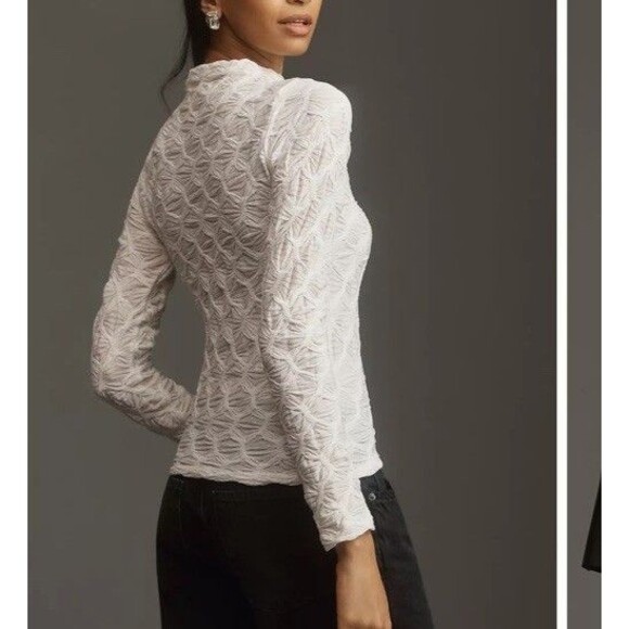 Maeve By ANTHROPOLOGIE Mock Neck Textured Semi Sheer Top Sz L Minimalist - Picture 2 of 16